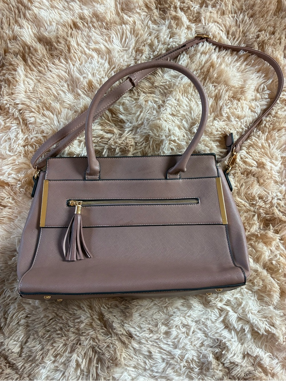 Taupe Structured Tote Bag with Tassel Accent